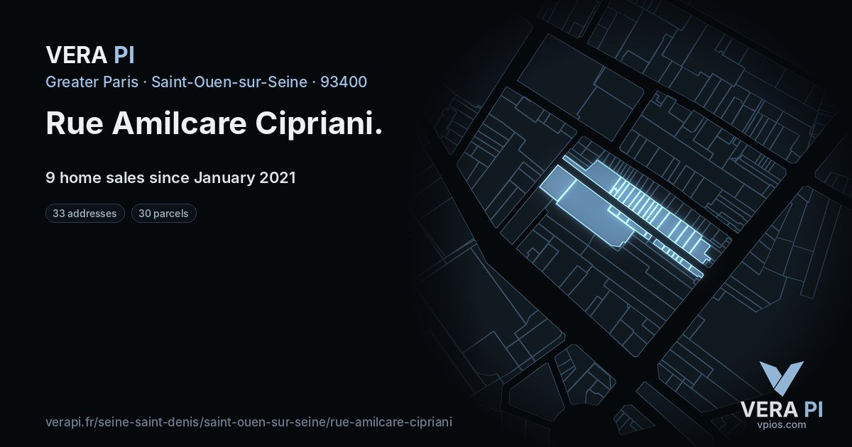Rue Amilcare Cipriani, Saint-Ouen-sur-Seine at night – every parcel coloured by the prices around it, the street's own parcels lit