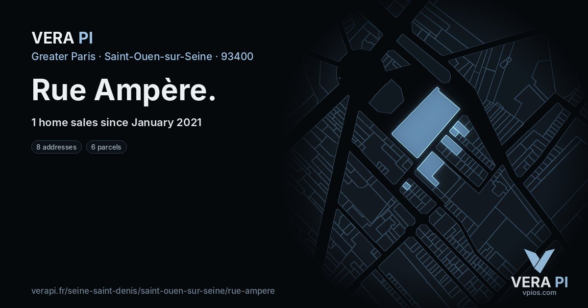 Rue Ampère, Saint-Ouen-sur-Seine at night – every parcel coloured by the prices around it, the street's own parcels lit