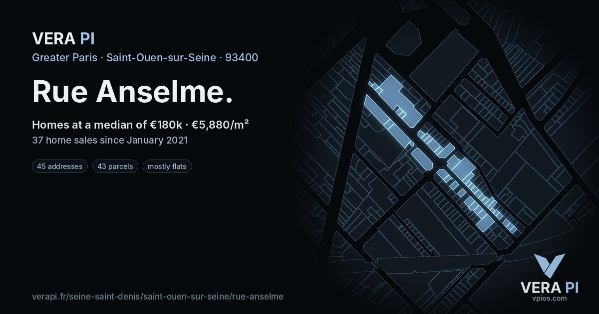 Rue Anselme, Saint-Ouen-sur-Seine at night – every parcel coloured by the prices around it, the street's own parcels lit