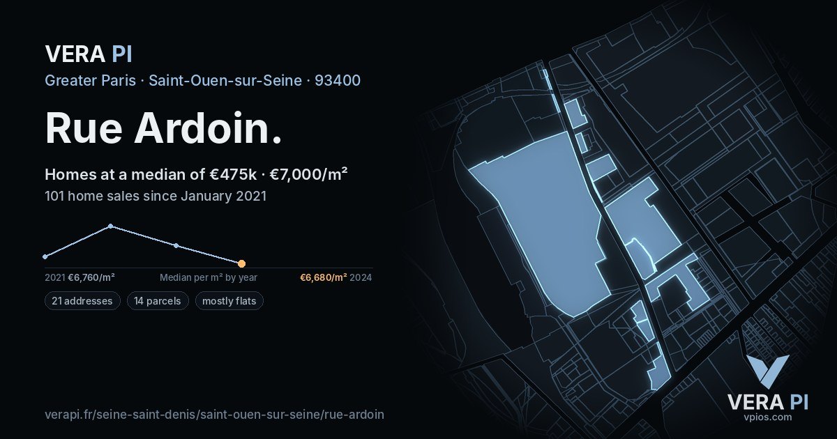 Rue Ardoin, Saint-Ouen-sur-Seine at night – every parcel coloured by the prices around it, the street's own parcels lit