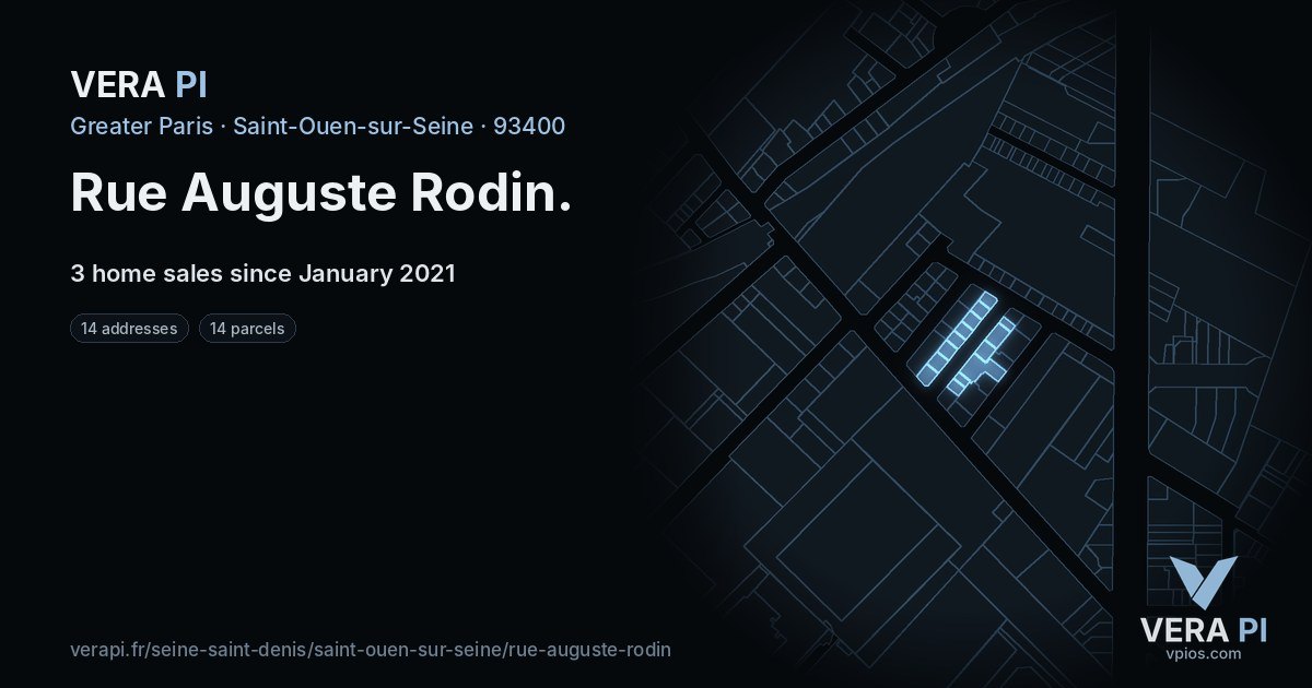 Rue Auguste Rodin, Saint-Ouen-sur-Seine at night – every parcel coloured by the prices around it, the street's own parcels lit