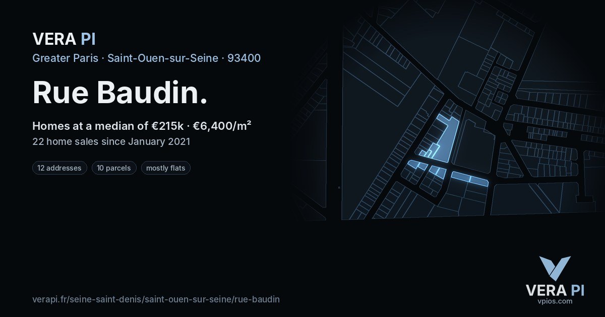 Rue Baudin, Saint-Ouen-sur-Seine at night – every parcel coloured by the prices around it, the street's own parcels lit