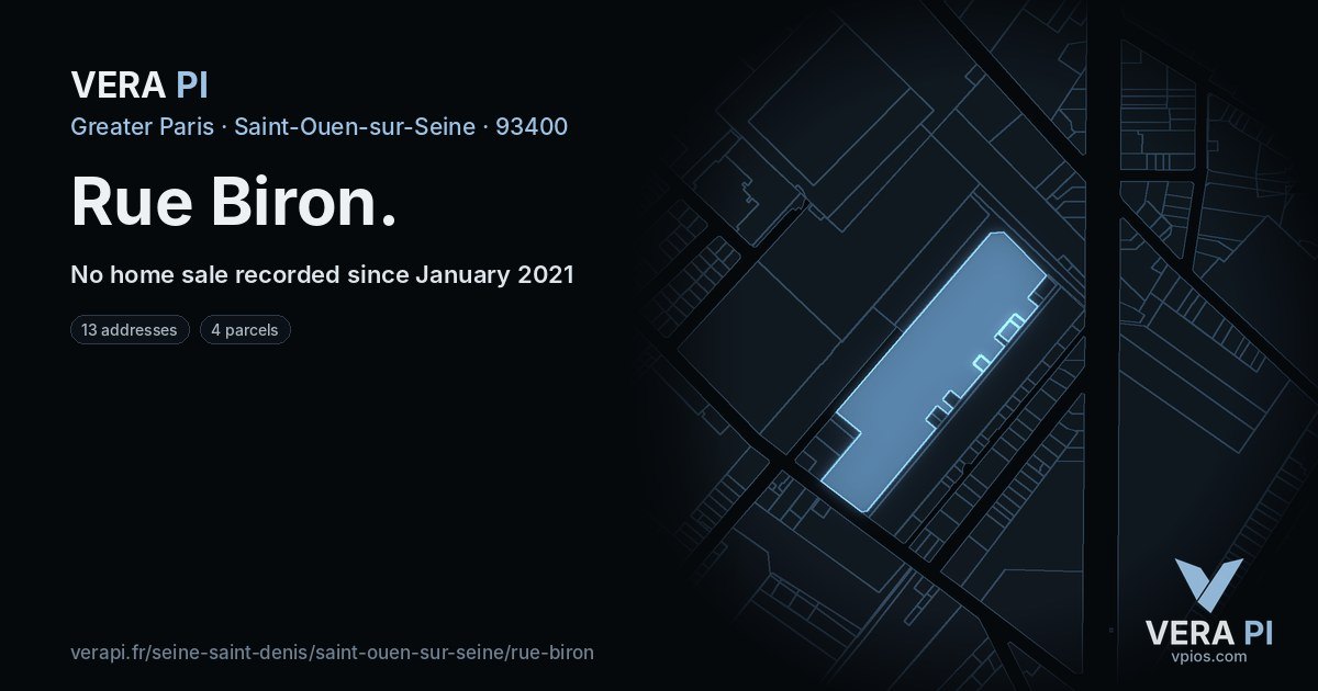 Rue Biron, Saint-Ouen-sur-Seine at night – every parcel coloured by the prices around it, the street's own parcels lit
