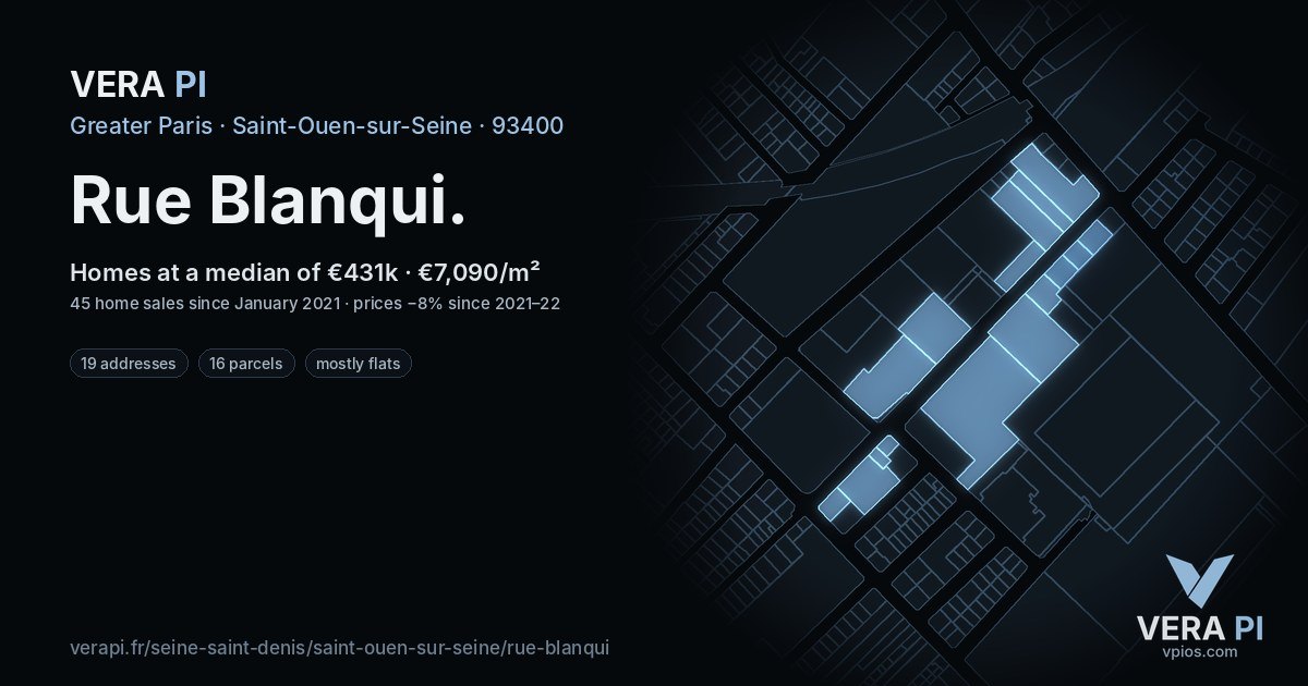 Rue Blanqui, Saint-Ouen-sur-Seine at night – every parcel coloured by the prices around it, the street's own parcels lit