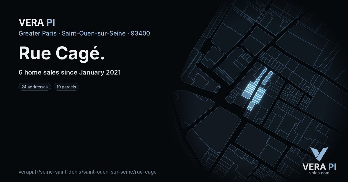Rue Cagé, Saint-Ouen-sur-Seine at night – every parcel coloured by the prices around it, the street's own parcels lit