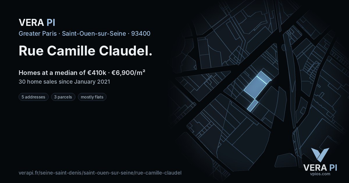 Rue Camille Claudel, Saint-Ouen-sur-Seine at night – every parcel coloured by the prices around it, the street's own parcels lit
