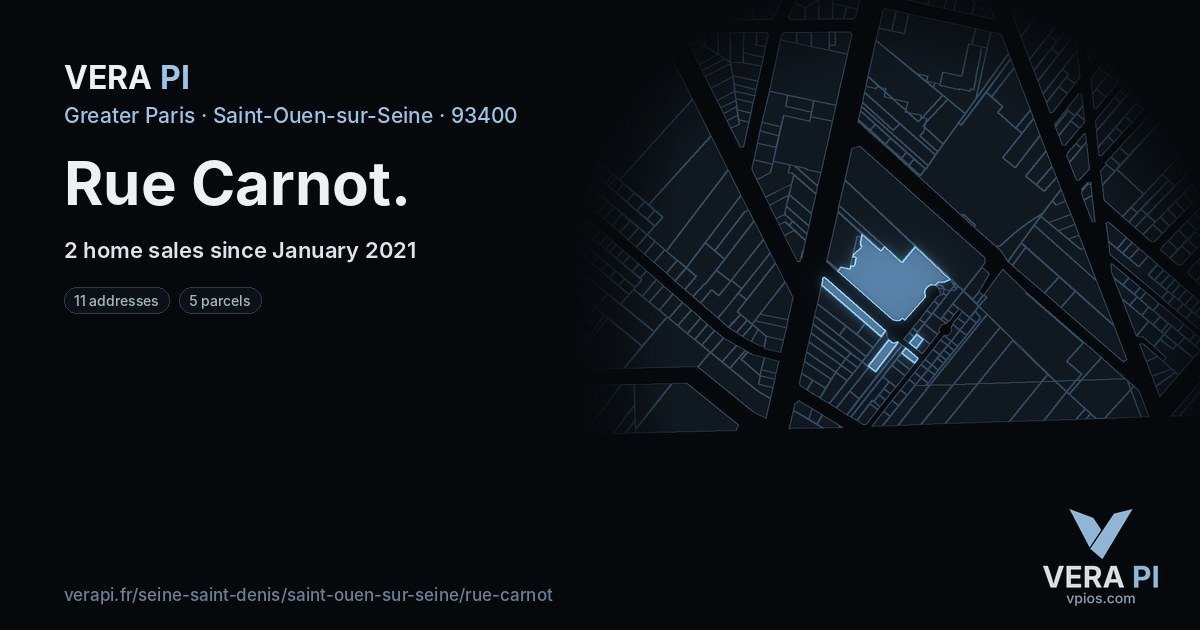 Rue Carnot, Saint-Ouen-sur-Seine at night – every parcel coloured by the prices around it, the street's own parcels lit