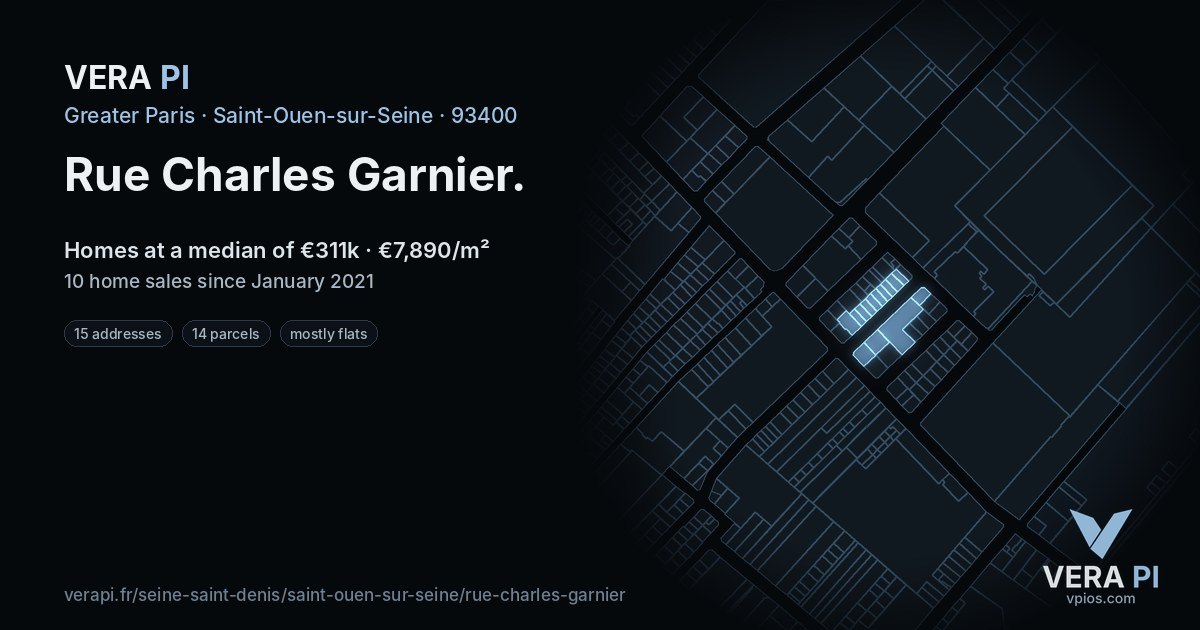 Rue Charles Garnier, Saint-Ouen-sur-Seine at night – every parcel coloured by the prices around it, the street's own parcels lit