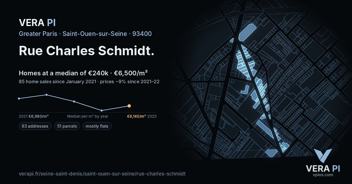 Rue Charles Schmidt, Saint-Ouen-sur-Seine at night – every parcel coloured by the prices around it, the street's own parcels lit