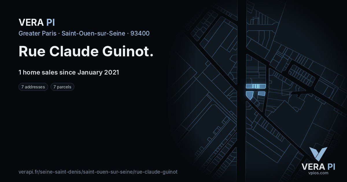 Rue Claude Guinot, Saint-Ouen-sur-Seine at night – every parcel coloured by the prices around it, the street's own parcels lit