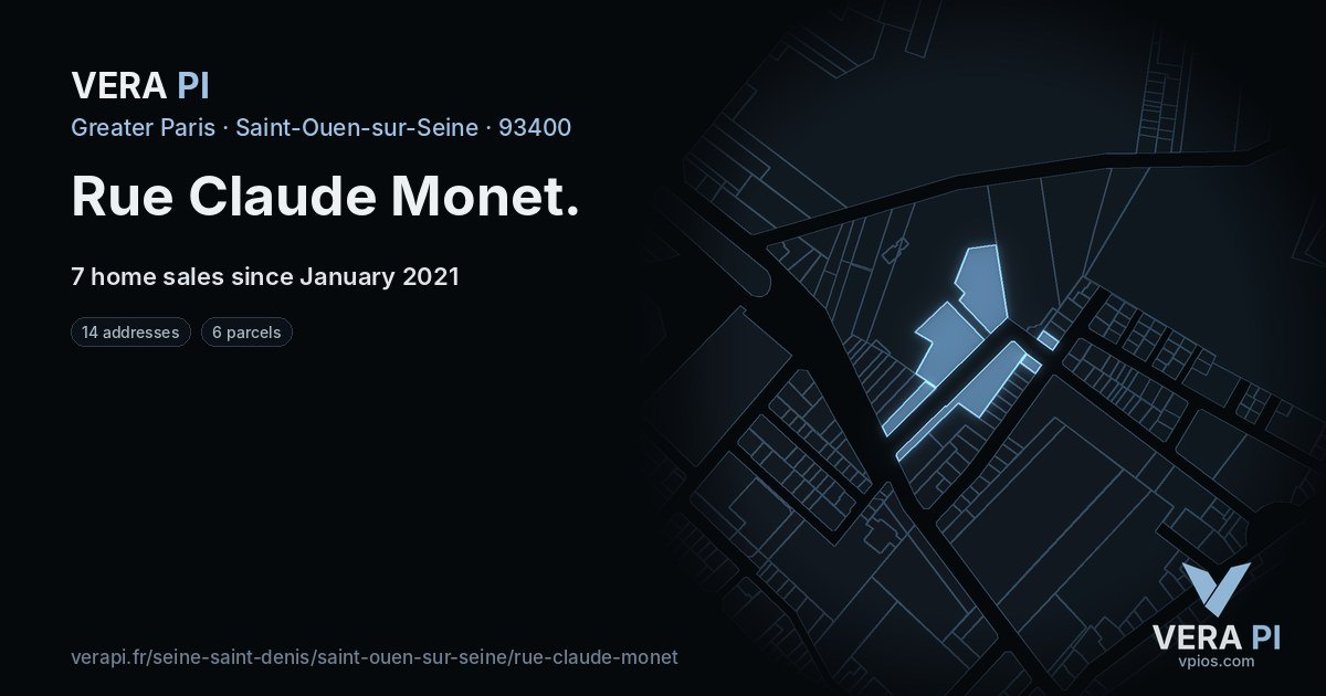 Rue Claude Monet, Saint-Ouen-sur-Seine at night – every parcel coloured by the prices around it, the street's own parcels lit