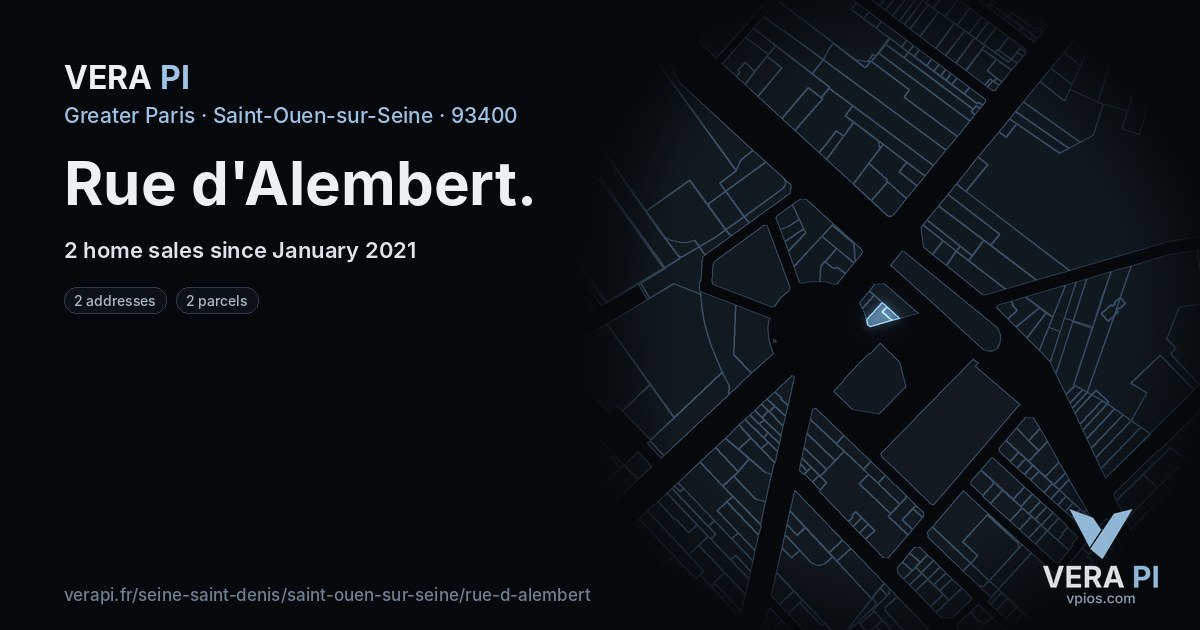 Rue d'Alembert, Saint-Ouen-sur-Seine at night – every parcel coloured by the prices around it, the street's own parcels lit