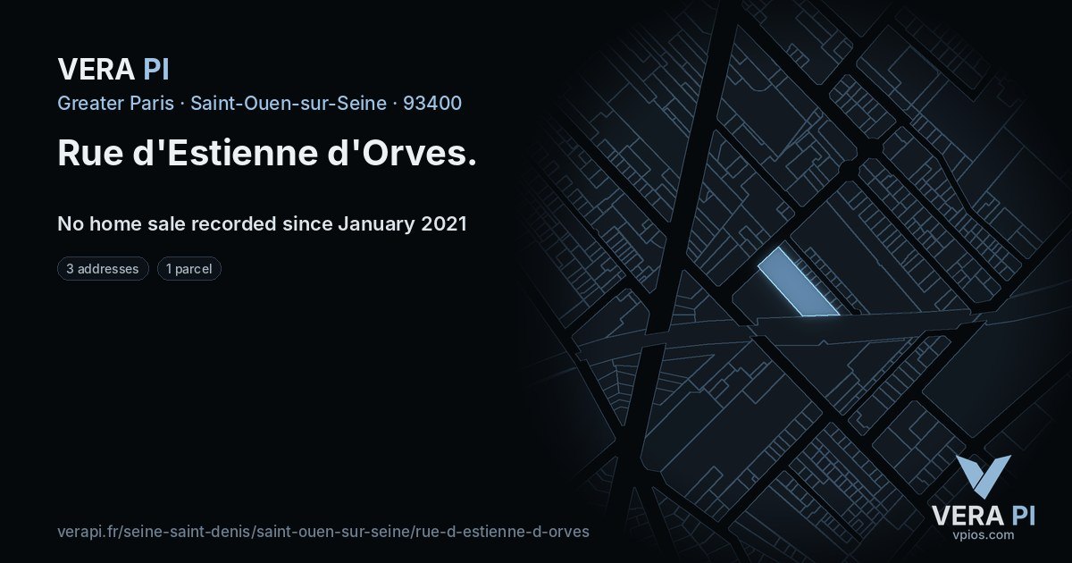 Rue d'Estienne d'Orves, Saint-Ouen-sur-Seine at night – every parcel coloured by the prices around it, the street's own parcels lit