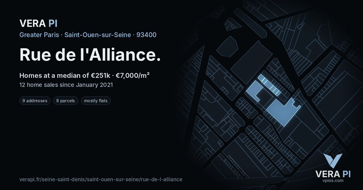 Rue de l'Alliance, Saint-Ouen-sur-Seine at night – every parcel coloured by the prices around it, the street's own parcels lit