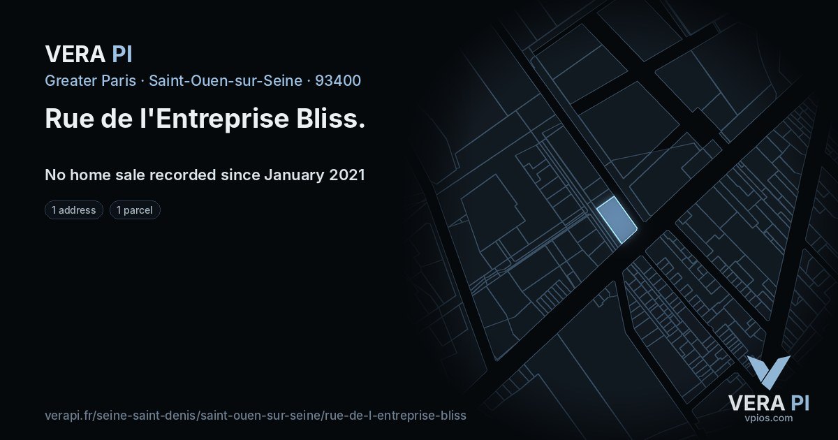 Rue de l'Entreprise Bliss, Saint-Ouen-sur-Seine at night – every parcel coloured by the prices around it, the street's own parcels lit