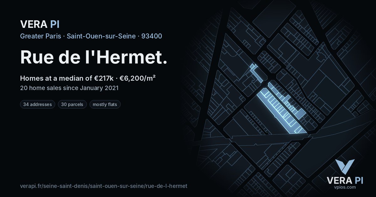 Rue de l'Hermet, Saint-Ouen-sur-Seine at night – every parcel coloured by the prices around it, the street's own parcels lit