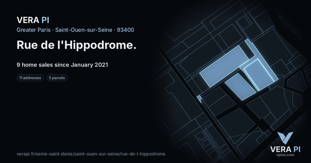 Rue de l'Hippodrome, Saint-Ouen-sur-Seine at night – every parcel coloured by the prices around it, the street's own parcels lit
