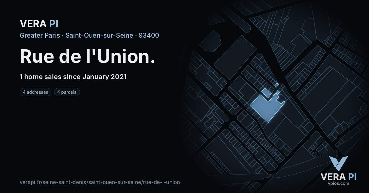 Rue de l'Union, Saint-Ouen-sur-Seine at night – every parcel coloured by the prices around it, the street's own parcels lit