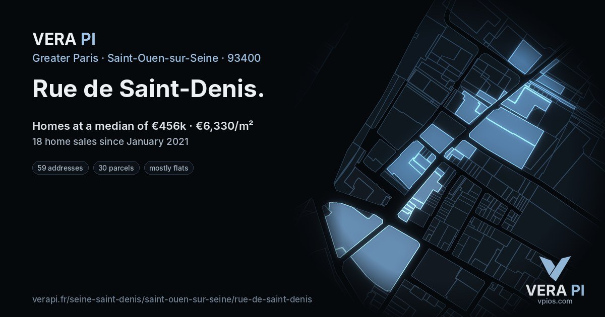 Rue de Saint-Denis, Saint-Ouen-sur-Seine at night – every parcel coloured by the prices around it, the street's own parcels lit