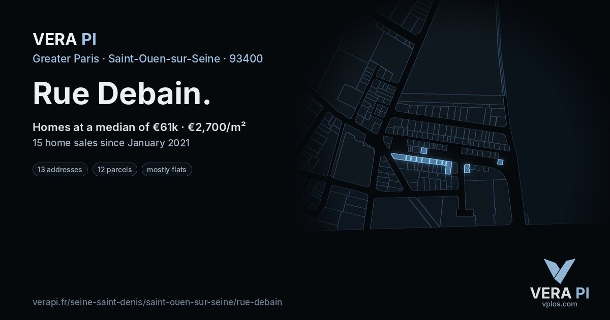 Rue Debain, Saint-Ouen-sur-Seine at night – every parcel coloured by the prices around it, the street's own parcels lit