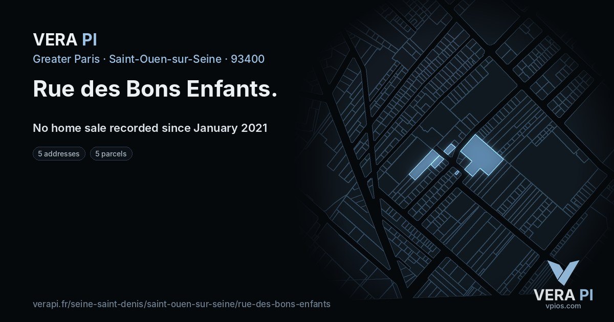 Rue des Bons Enfants, Saint-Ouen-sur-Seine at night – every parcel coloured by the prices around it, the street's own parcels lit
