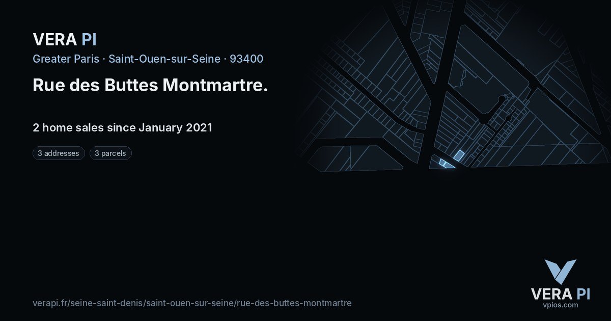 Rue des Buttes Montmartre, Saint-Ouen-sur-Seine at night – every parcel coloured by the prices around it, the street's own parcels lit