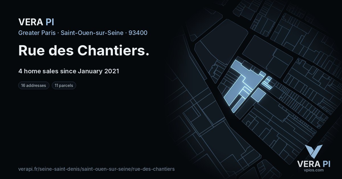 Rue des Chantiers, Saint-Ouen-sur-Seine at night – every parcel coloured by the prices around it, the street's own parcels lit