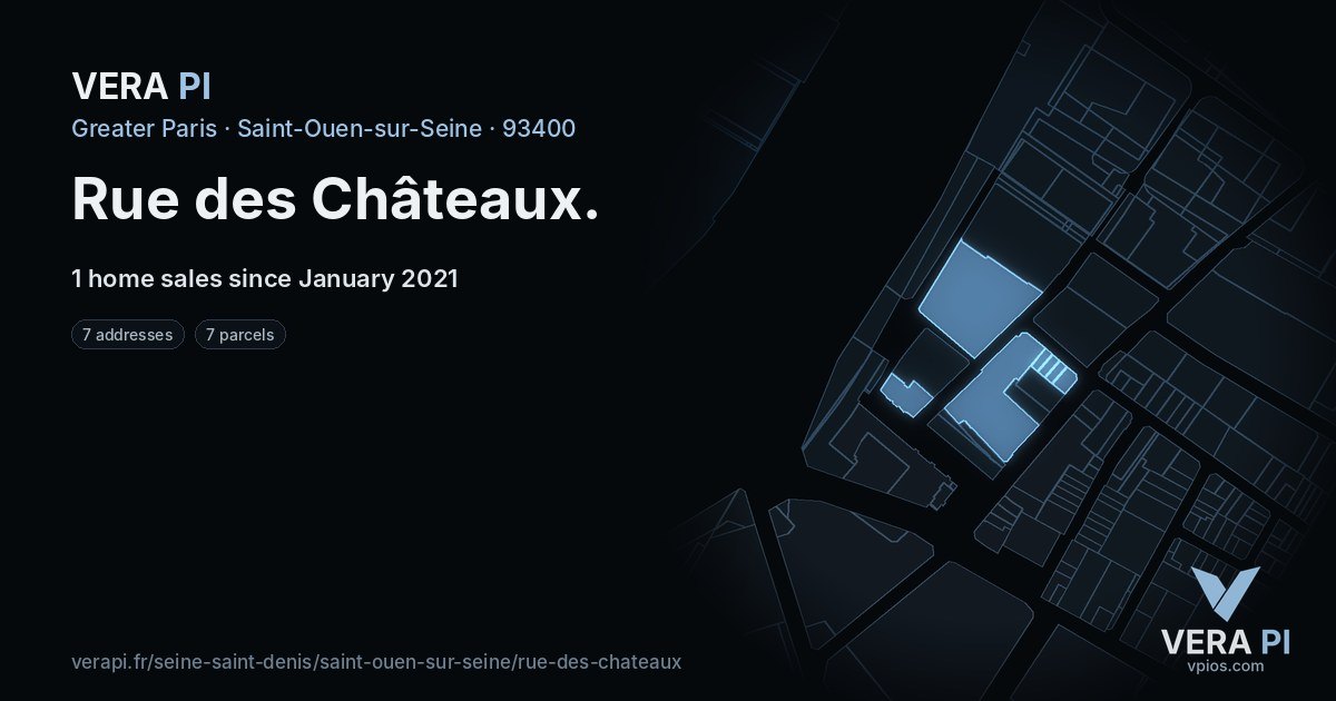 Rue des Châteaux, Saint-Ouen-sur-Seine at night – every parcel coloured by the prices around it, the street's own parcels lit