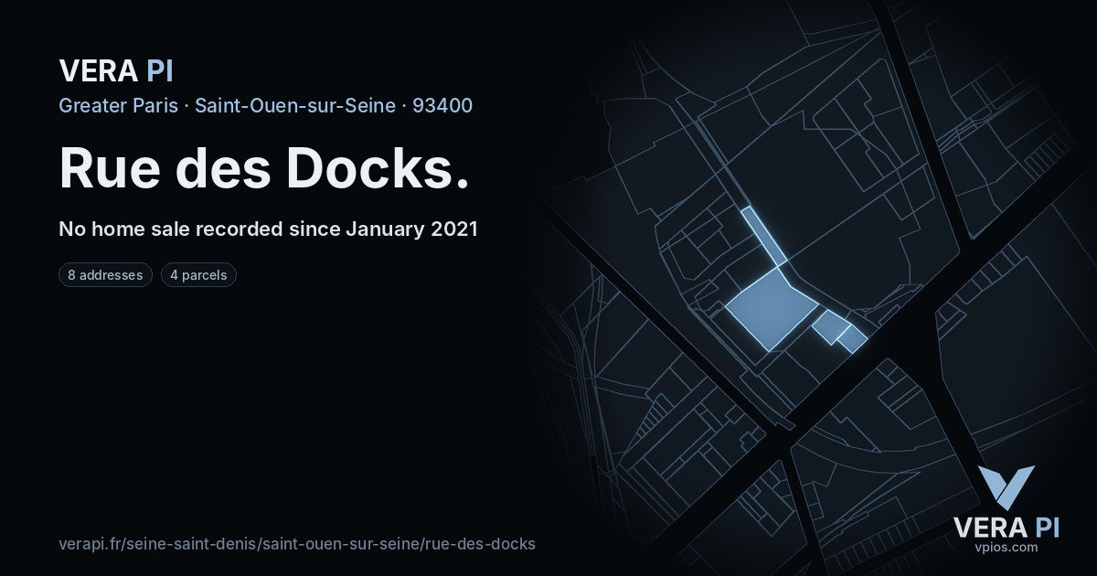 Rue des Docks, Saint-Ouen-sur-Seine at night – every parcel coloured by the prices around it, the street's own parcels lit