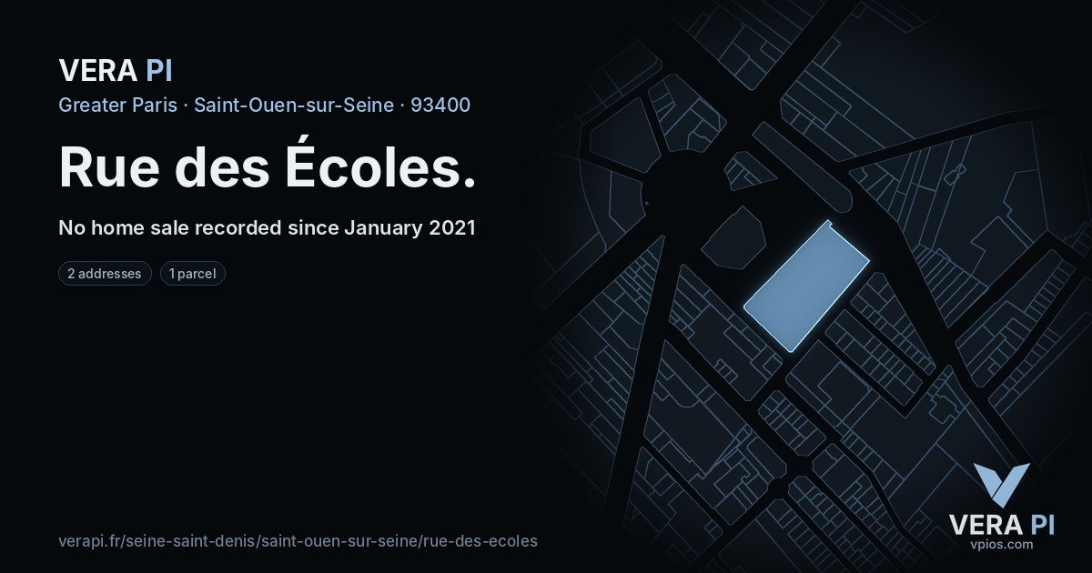 Rue des Écoles, Saint-Ouen-sur-Seine at night – every parcel coloured by the prices around it, the street's own parcels lit