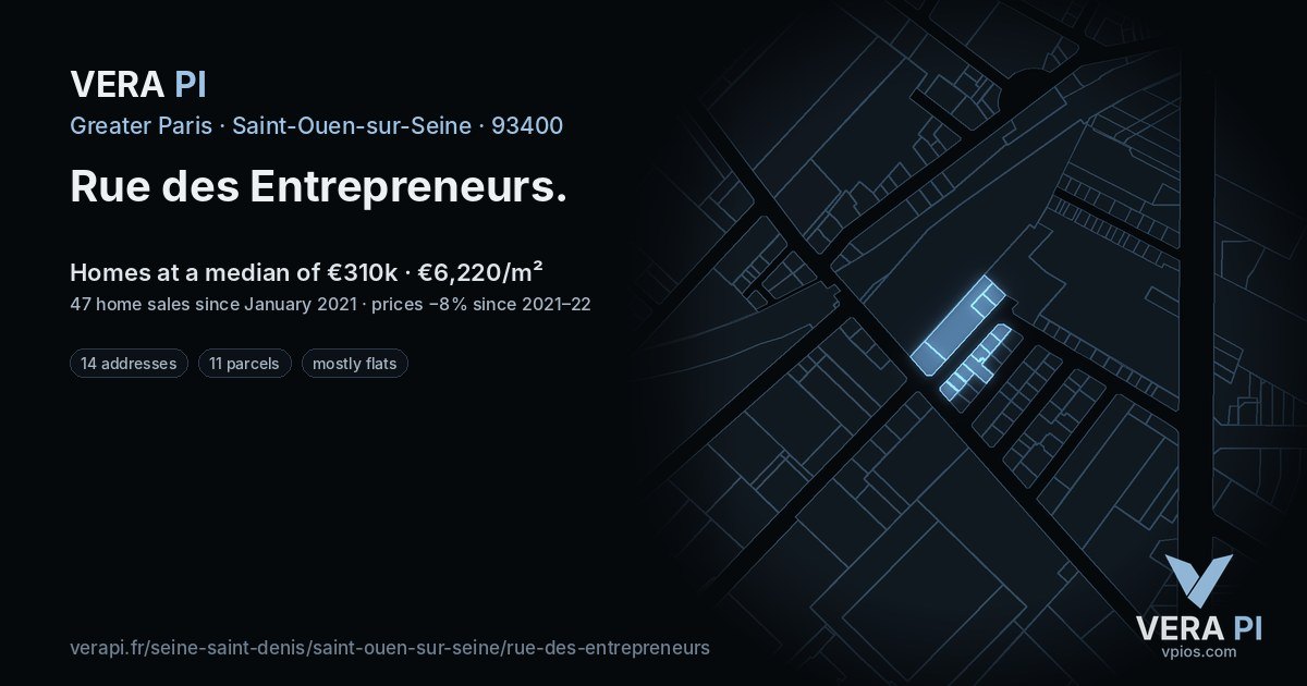 Rue des Entrepreneurs, Saint-Ouen-sur-Seine at night – every parcel coloured by the prices around it, the street's own parcels lit