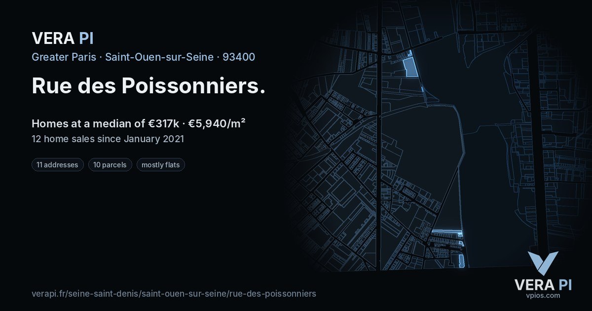 Rue des Poissonniers, Saint-Ouen-sur-Seine at night – every parcel coloured by the prices around it, the street's own parcels lit