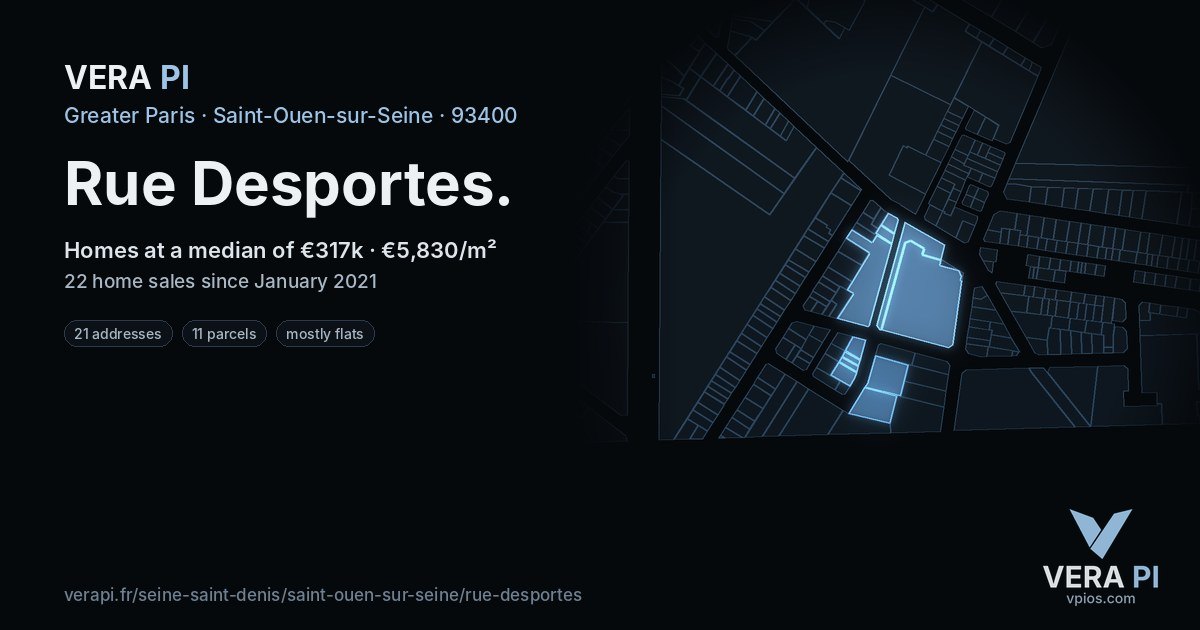 Rue Desportes, Saint-Ouen-sur-Seine at night – every parcel coloured by the prices around it, the street's own parcels lit