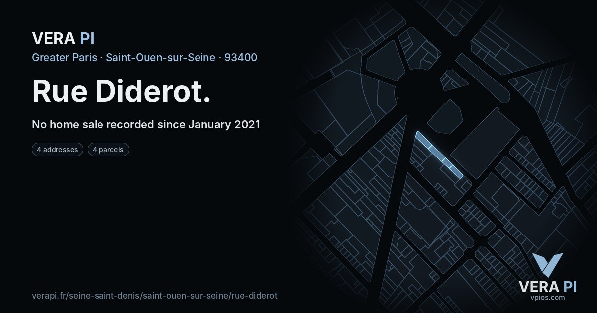 Rue Diderot, Saint-Ouen-sur-Seine at night – every parcel coloured by the prices around it, the street's own parcels lit