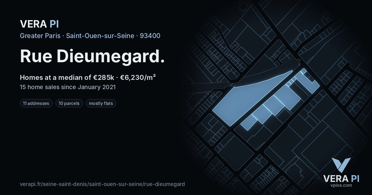 Rue Dieumegard, Saint-Ouen-sur-Seine at night – every parcel coloured by the prices around it, the street's own parcels lit