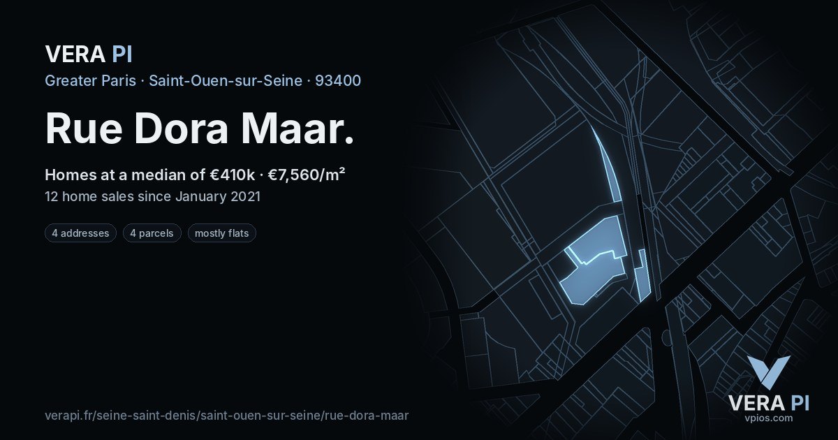 Rue Dora Maar, Saint-Ouen-sur-Seine at night – every parcel coloured by the prices around it, the street's own parcels lit