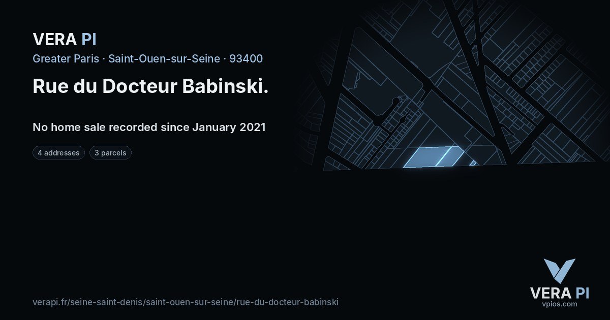 Rue du Docteur Babinski, Saint-Ouen-sur-Seine at night – every parcel coloured by the prices around it, the street's own parcels lit