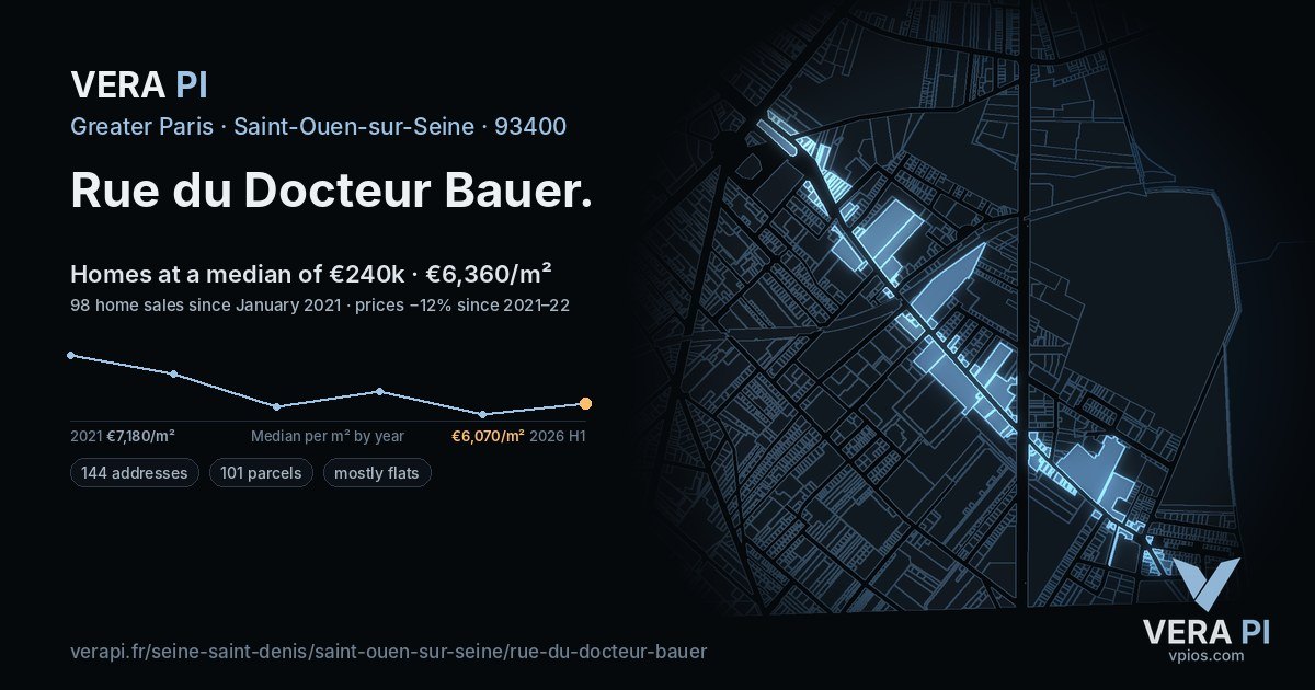 Rue du Docteur Bauer, Saint-Ouen-sur-Seine at night – every parcel coloured by the prices around it, the street's own parcels lit