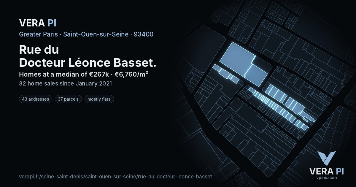 Rue du Docteur Léonce Basset, Saint-Ouen-sur-Seine at night – every parcel coloured by the prices around it, the street's own parcels lit