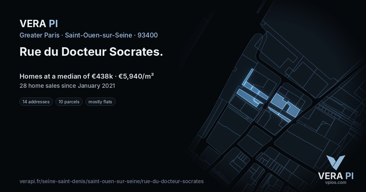 Rue du Docteur Socrates, Saint-Ouen-sur-Seine at night – every parcel coloured by the prices around it, the street's own parcels lit