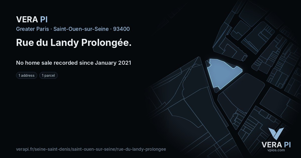 Rue du Landy Prolongée, Saint-Ouen-sur-Seine at night – every parcel coloured by the prices around it, the street's own parcels lit