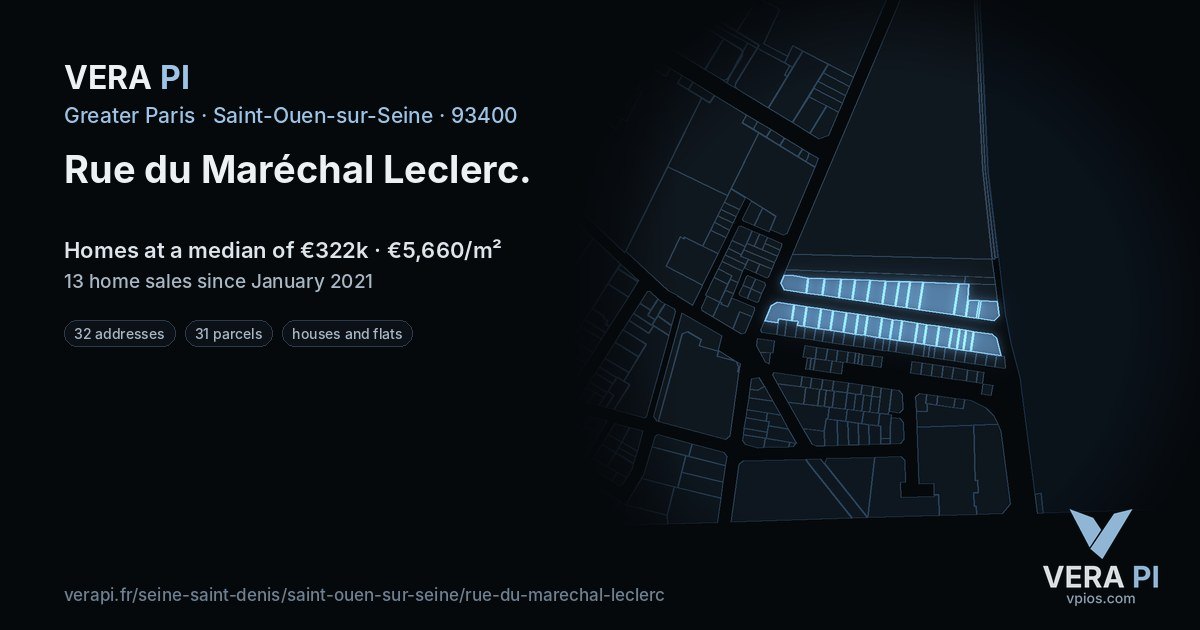 Rue du Maréchal Leclerc, Saint-Ouen-sur-Seine at night – every parcel coloured by the prices around it, the street's own parcels lit