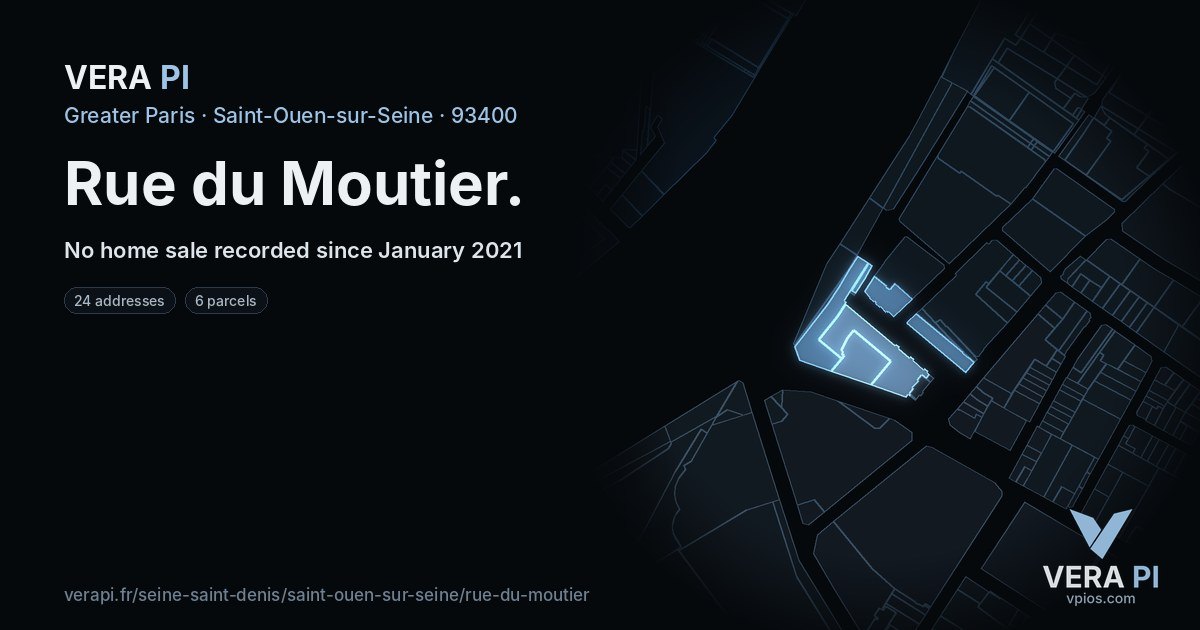 Rue du Moutier, Saint-Ouen-sur-Seine at night – every parcel coloured by the prices around it, the street's own parcels lit