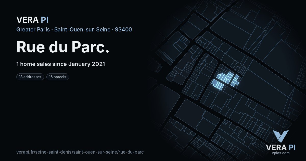 Rue du Parc, Saint-Ouen-sur-Seine at night – every parcel coloured by the prices around it, the street's own parcels lit