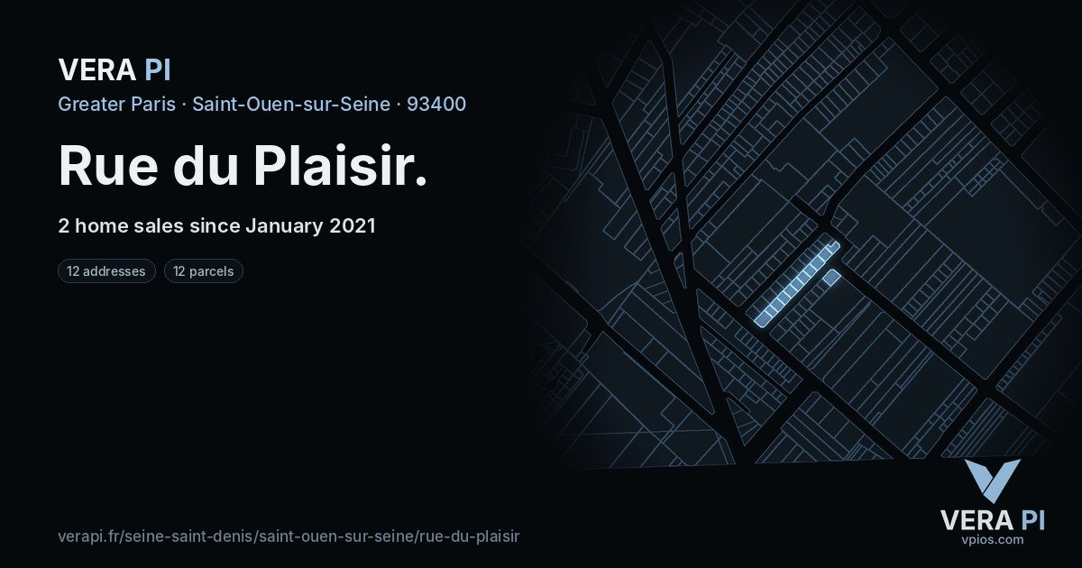 Rue du Plaisir, Saint-Ouen-sur-Seine at night – every parcel coloured by the prices around it, the street's own parcels lit