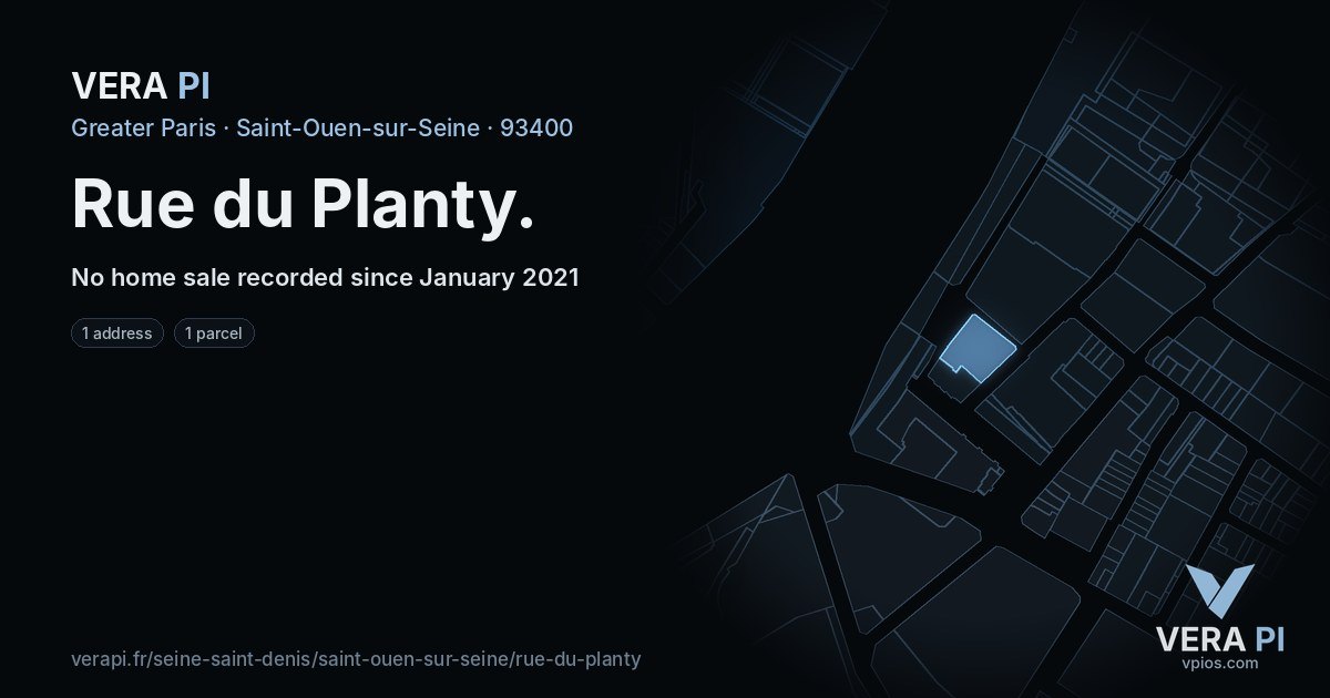 Rue du Planty, Saint-Ouen-sur-Seine at night – every parcel coloured by the prices around it, the street's own parcels lit