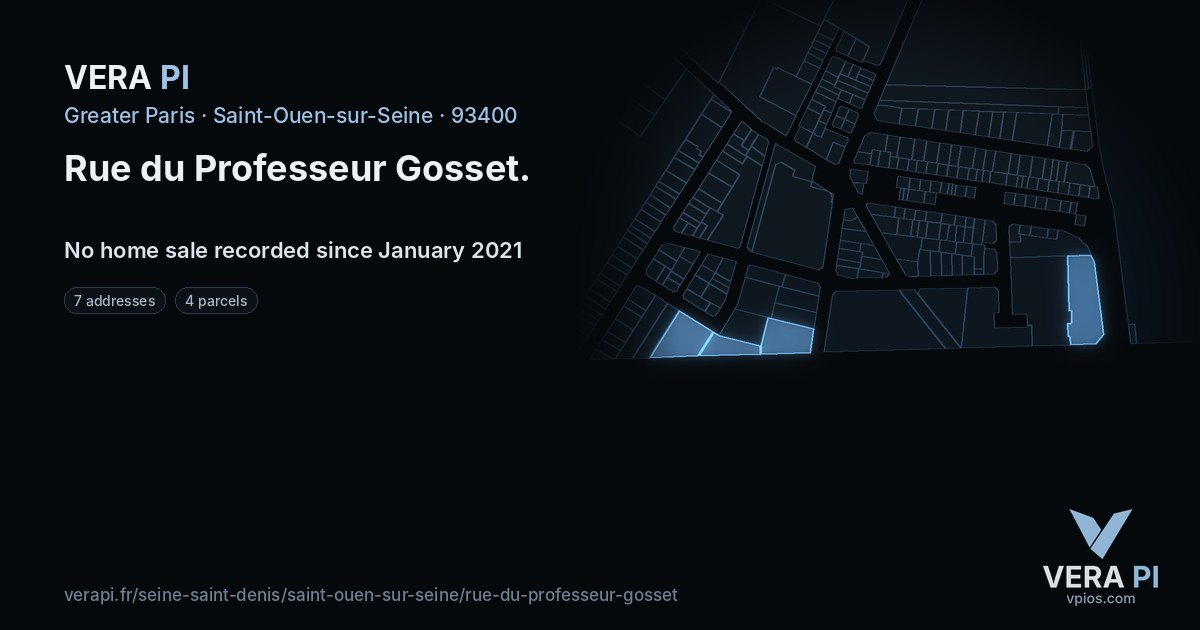 Rue du Professeur Gosset, Saint-Ouen-sur-Seine at night – every parcel coloured by the prices around it, the street's own parcels lit