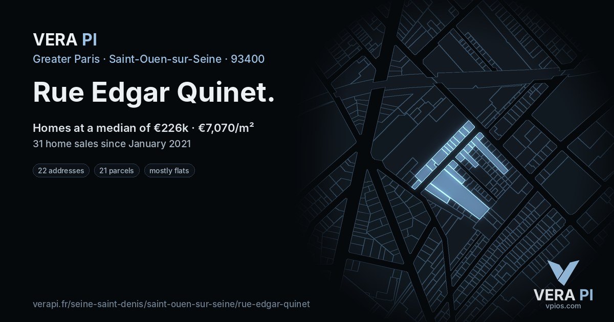 Rue Edgar Quinet, Saint-Ouen-sur-Seine at night – every parcel coloured by the prices around it, the street's own parcels lit