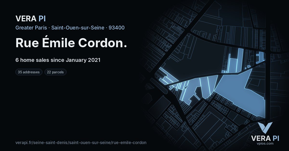Rue Émile Cordon, Saint-Ouen-sur-Seine at night – every parcel coloured by the prices around it, the street's own parcels lit