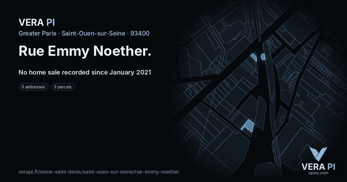 Rue Emmy Noether, Saint-Ouen-sur-Seine at night – every parcel coloured by the prices around it, the street's own parcels lit